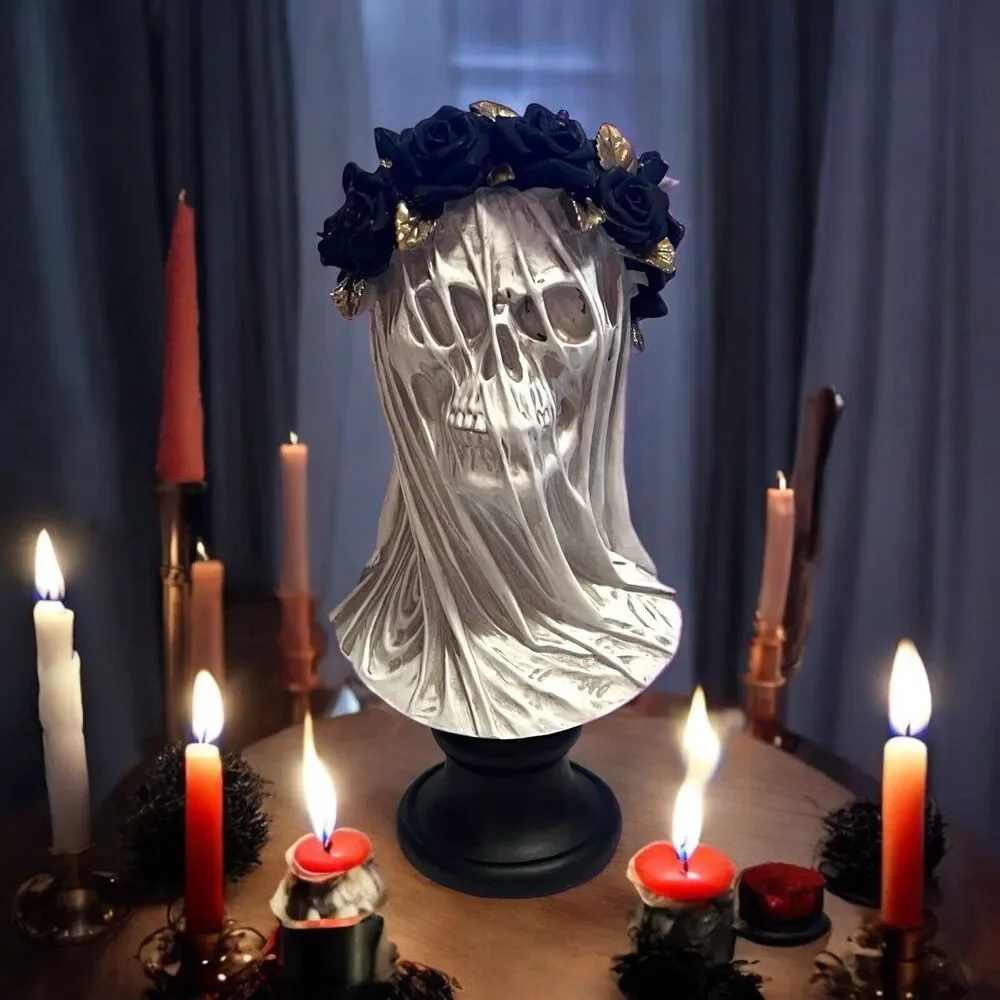 Veiled Lady Woman  Skeleton Bust Light Up LED Figure Goth Decor Halloween